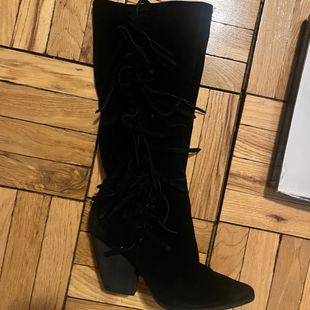 Fun Size 11 suede heel boots with fringe.